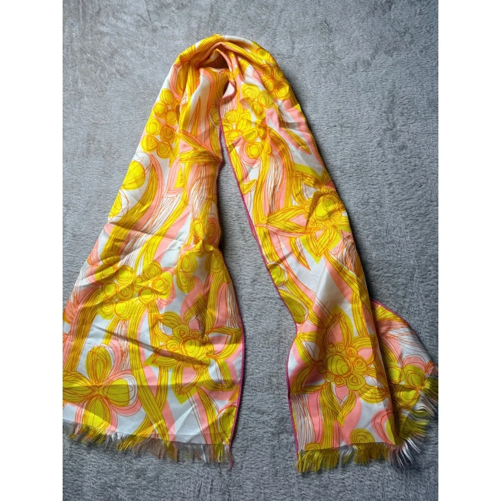 Vintage 60s 70s Psychedelic Floral Rayon Oblong Scarf Yellow Pink Mod USA Made